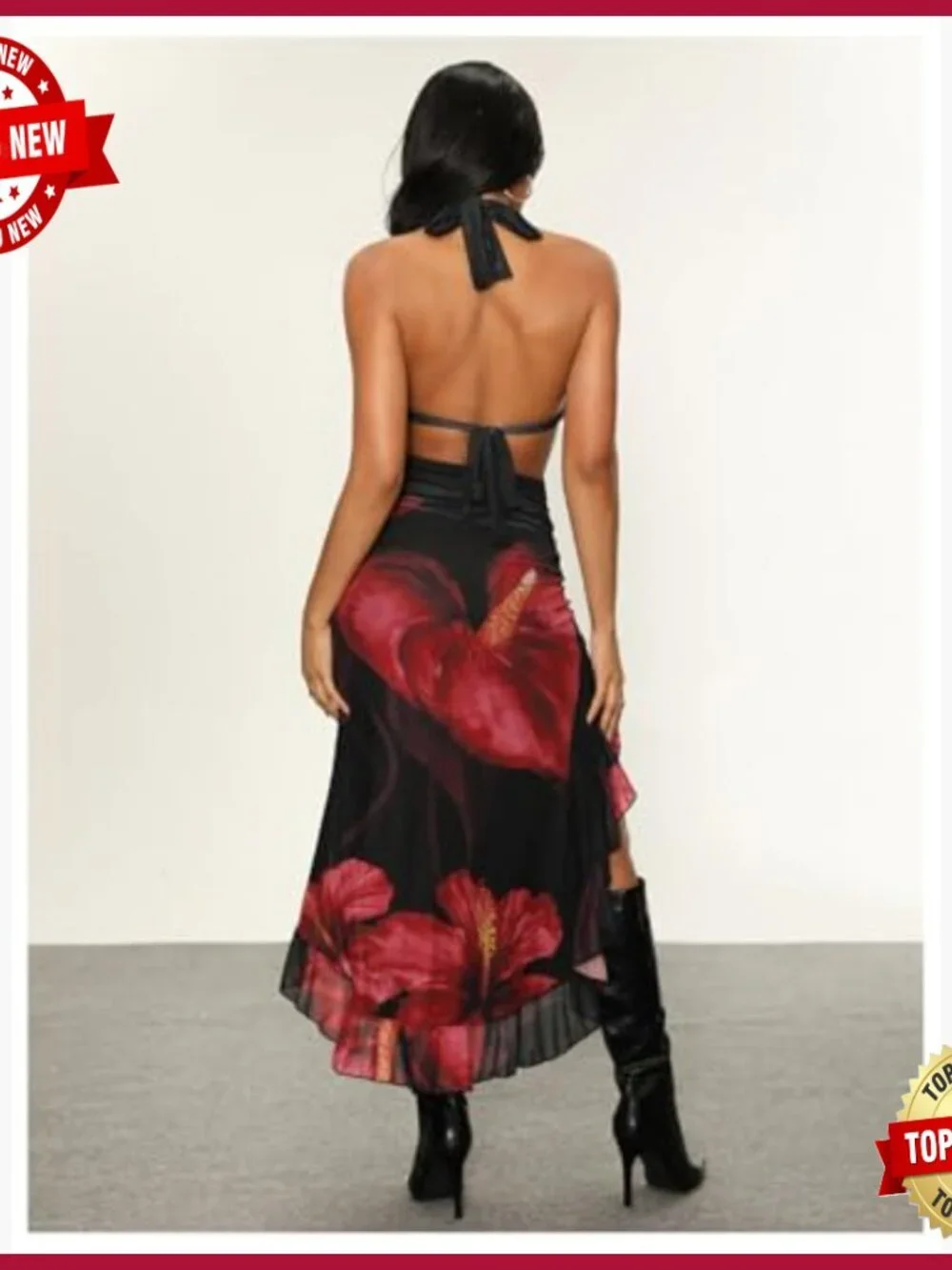 Women's Halter Cut Out Dress Asymmetrical Hem High Slit Mesh Ruffle_2